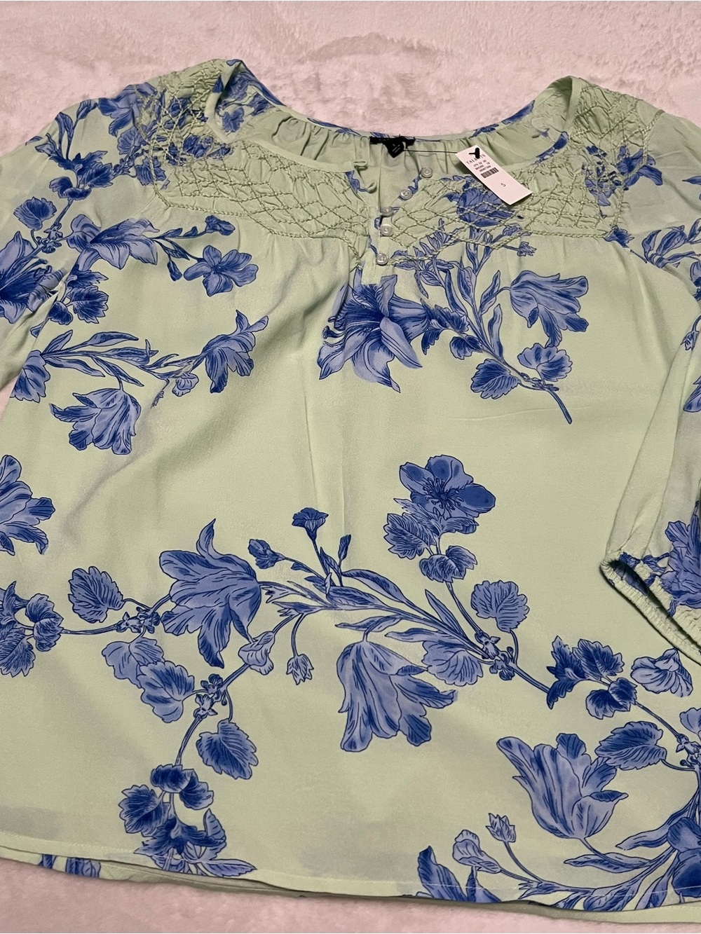 Talbots Light Green Blouse with Blue Floral Print